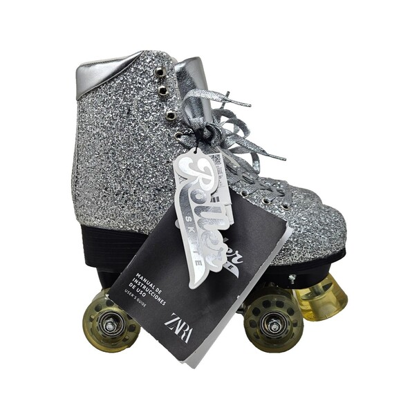 ZARA Rhinestone Roller Skates Limited Edition Four Wheels Sz 7.5 Silver Sparkle - Picture 4 of 11